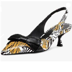 Milooey  Womens Bow Pointed Toe Pumps Kitten Low Heels Slingback Shoes Black